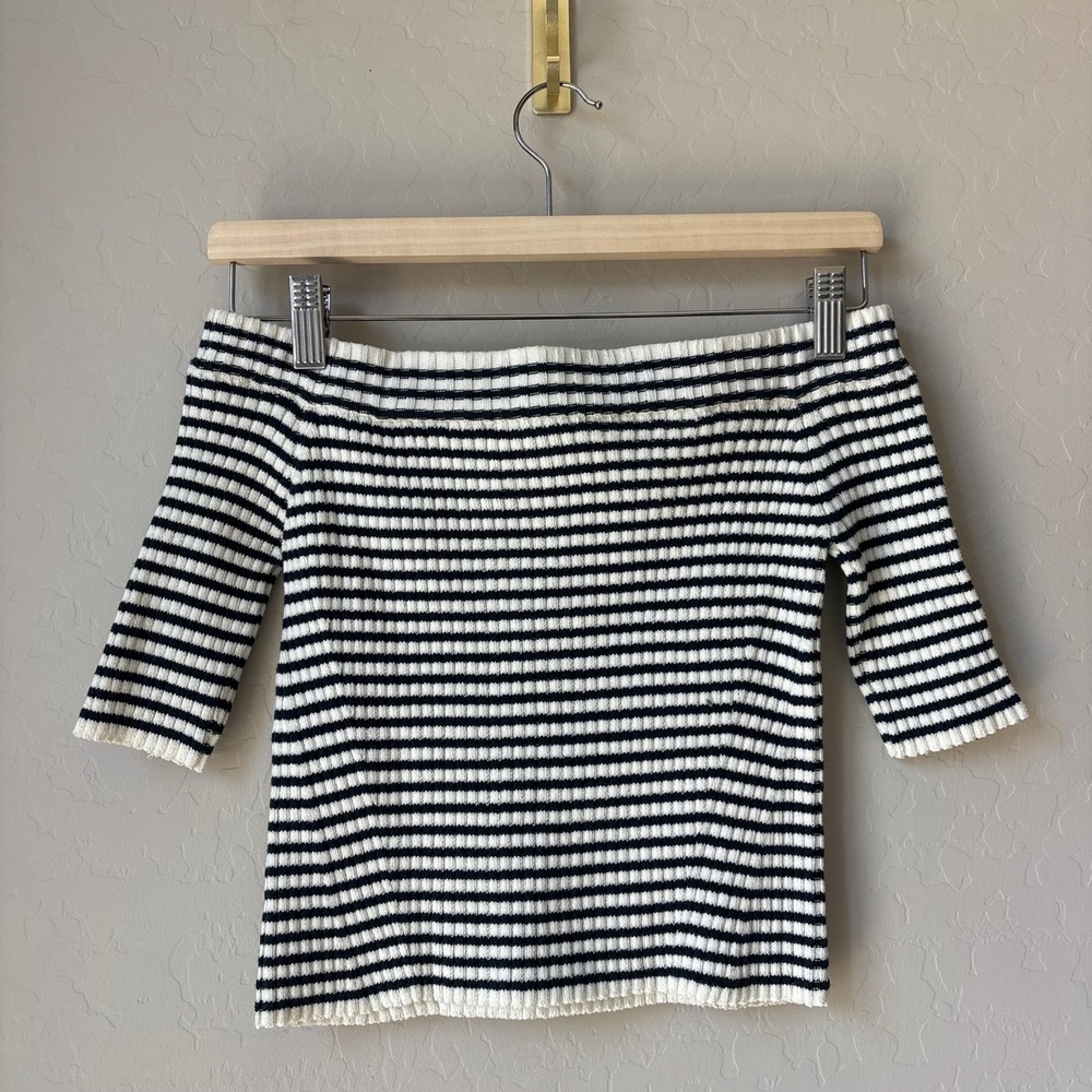 Eleven Six Striped Off‎ Shoulder Knit Sweater Top Navy White Pima Cotton Size S - Picture 6 of 7